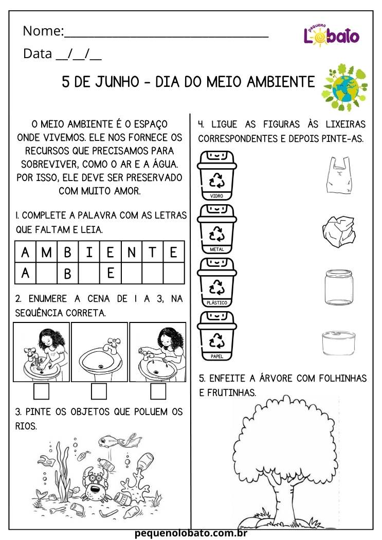 Atividade de data comemorativa dia do meio ambiente