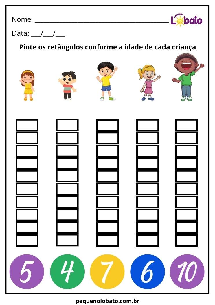 Atividade de educação especial para autismo, sindrome de down, tdah pinte os retângulos conforme a idade de cada criança