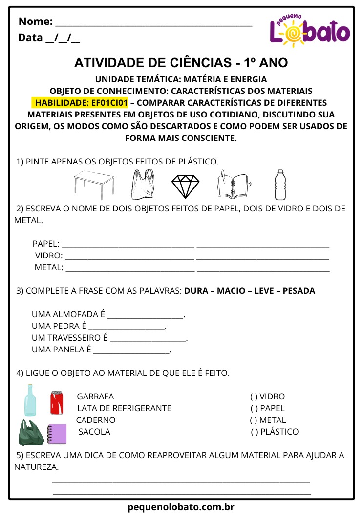 Atividade de Ciências 1º ano com pintura, classificação e identificação de materiais como plástico, papel, vidro e metal para imprimir