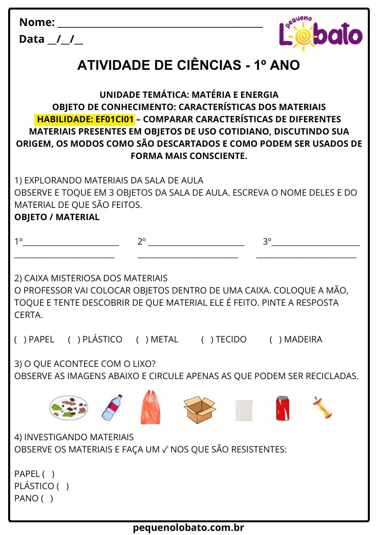 Atividade de Ciências sensorial e investigativa sobre materiais na sala de aula, com caixa surpresa e reciclagem