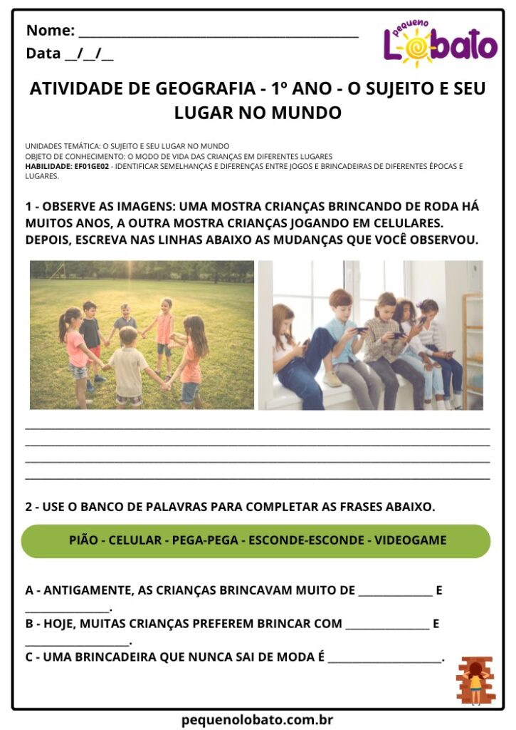 Atividades de Geografia 1º Ano – O Modo de Vida das Crianças em ...