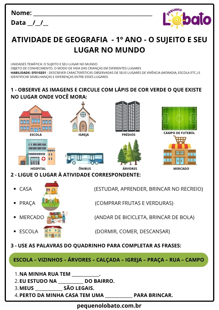 Atividade de Geografia 1º ano sobre o sujeito e seu lugar no mundo com imagens de escola, igreja, mercado e outros locais do cotidiano
