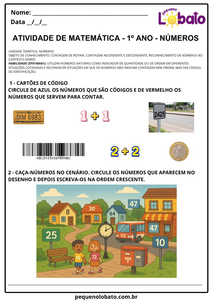 Atividade de Matemática 1º ano identificar números como códigos e caça-números para contagem e sequência
