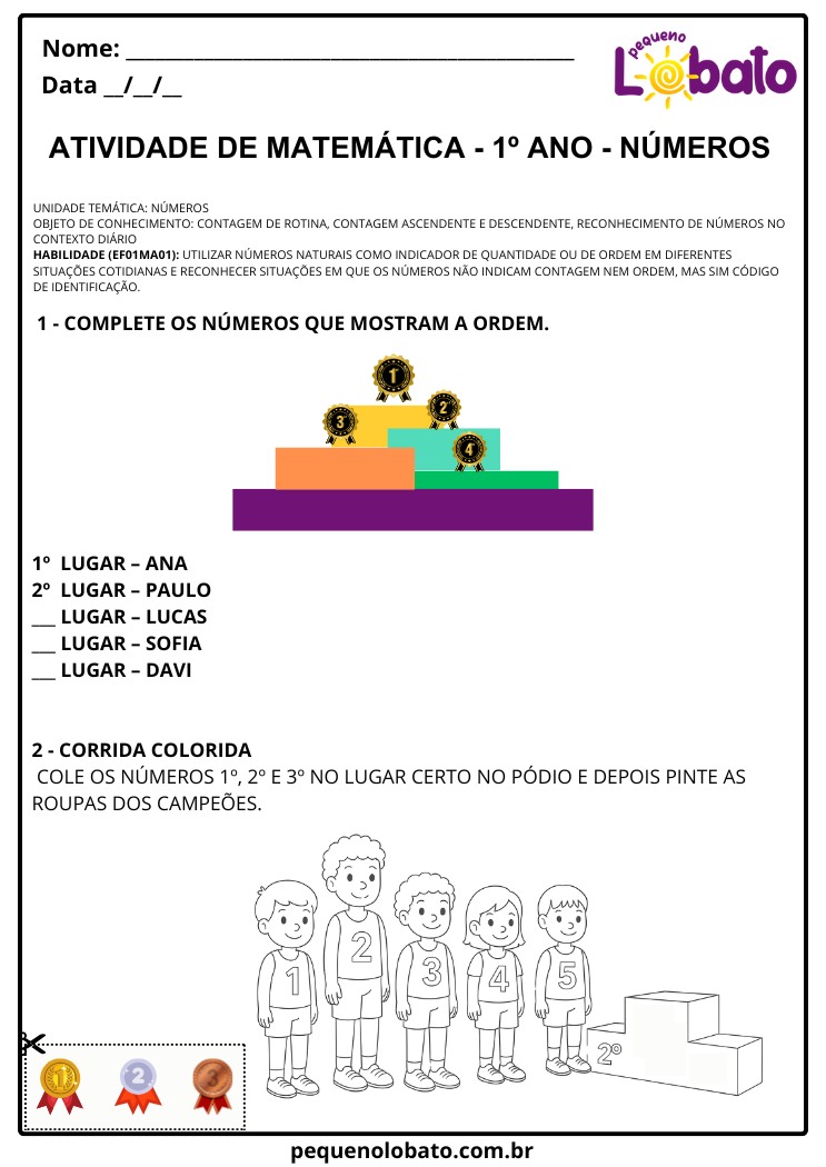 Atividade de Matemática 1º ano ordem de classificação no pódio e corrida colorida para trabalhar sequência numérica