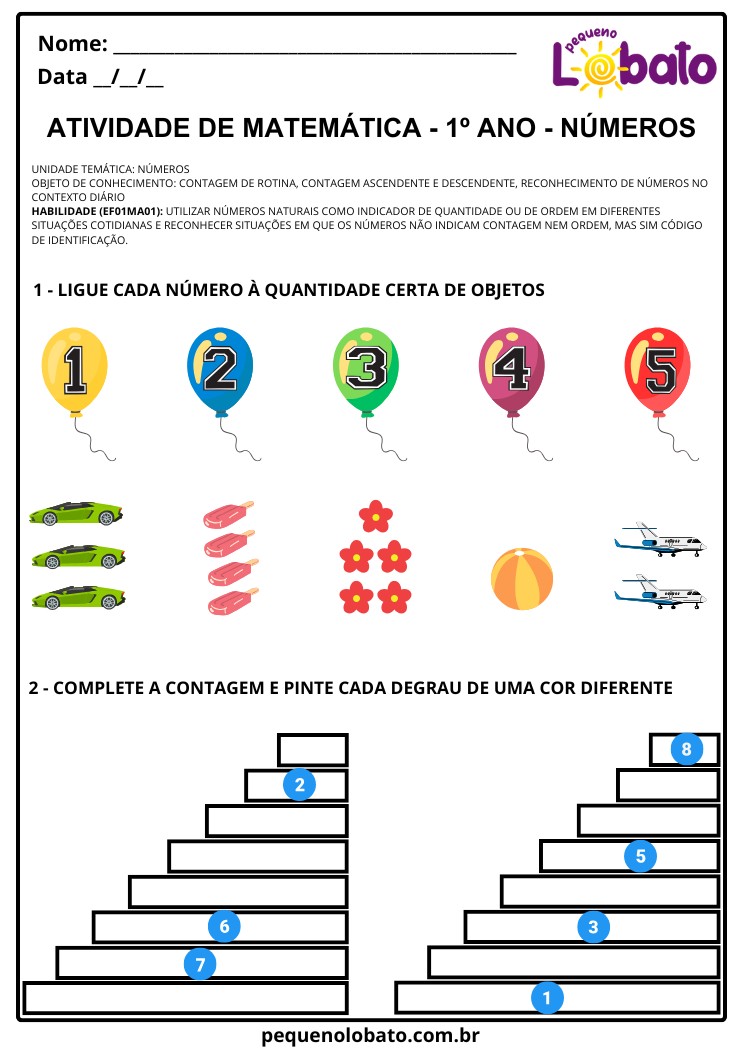 Atividade de Matemática 1º ano para imprimir com contagem, sequência numérica e associação número e quantidade