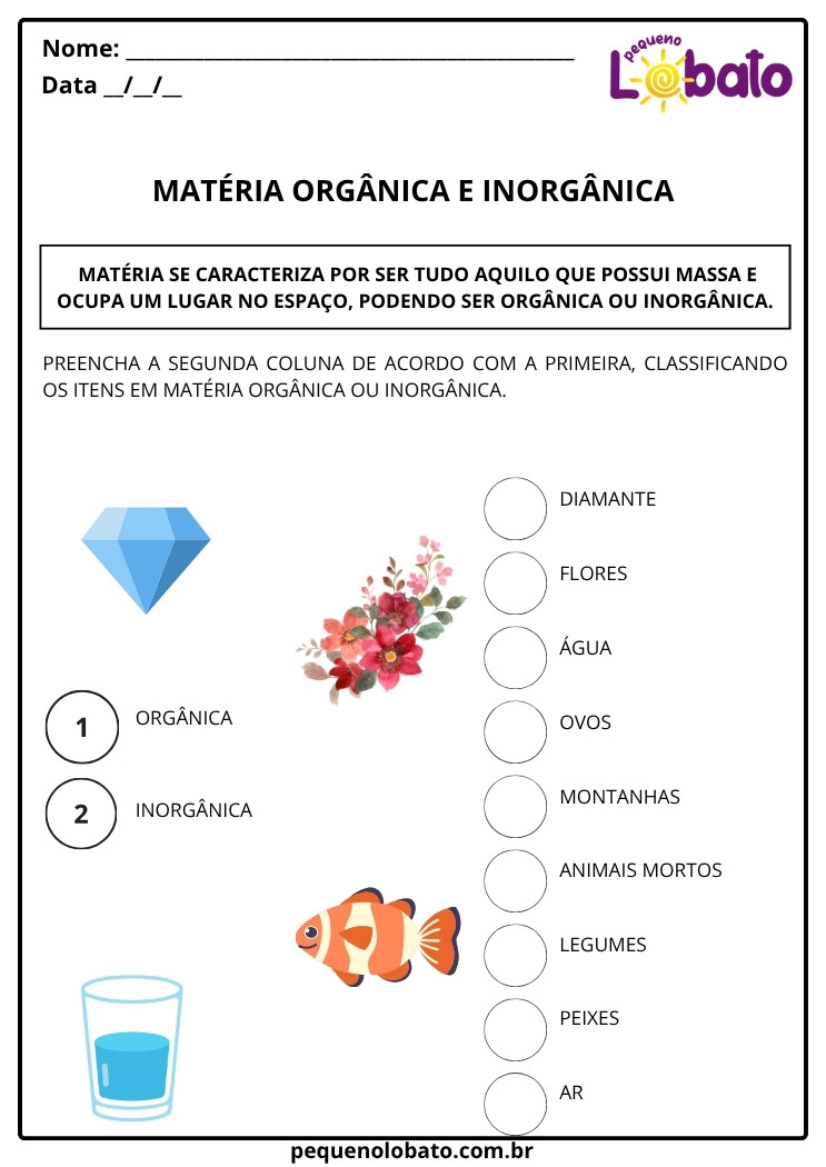 Atividade de classificação de itens em matéria orgânica ou inorgânica para imprimir