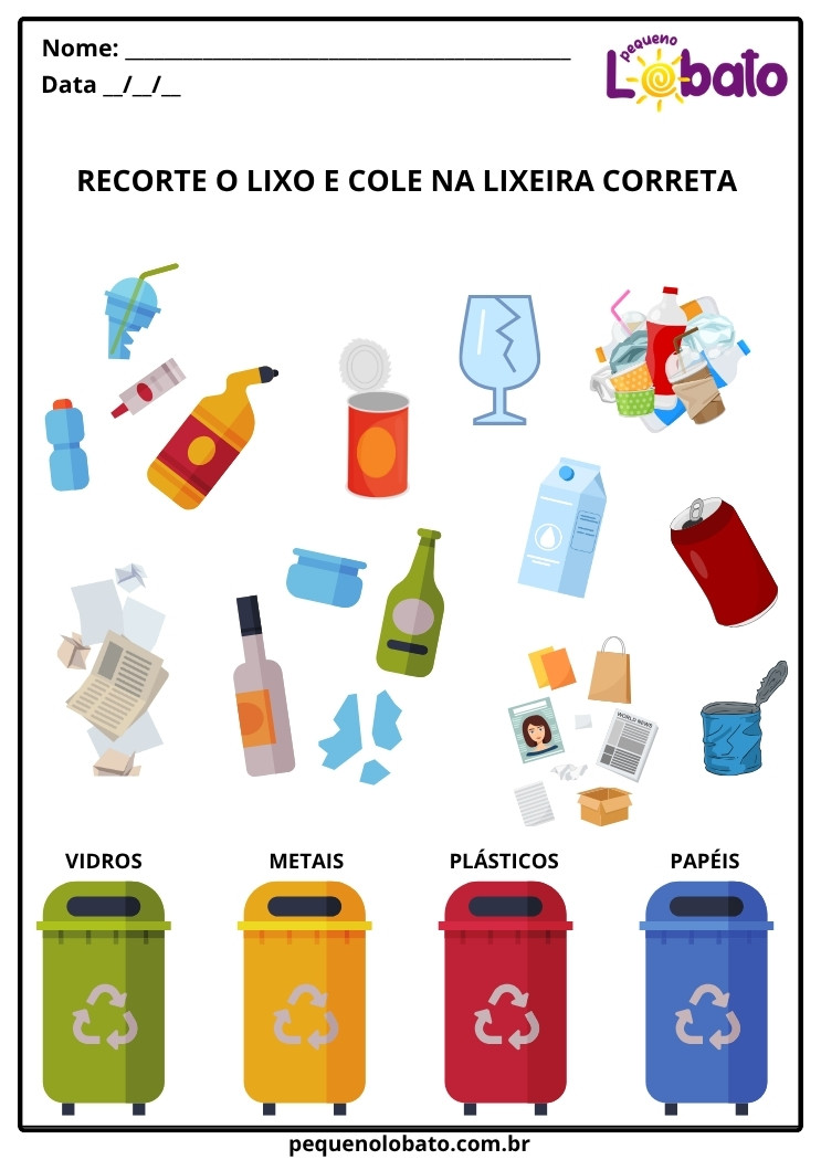 Atividade de recorte e colagem para separação do lixo em lixeiras coloridas de reciclagem