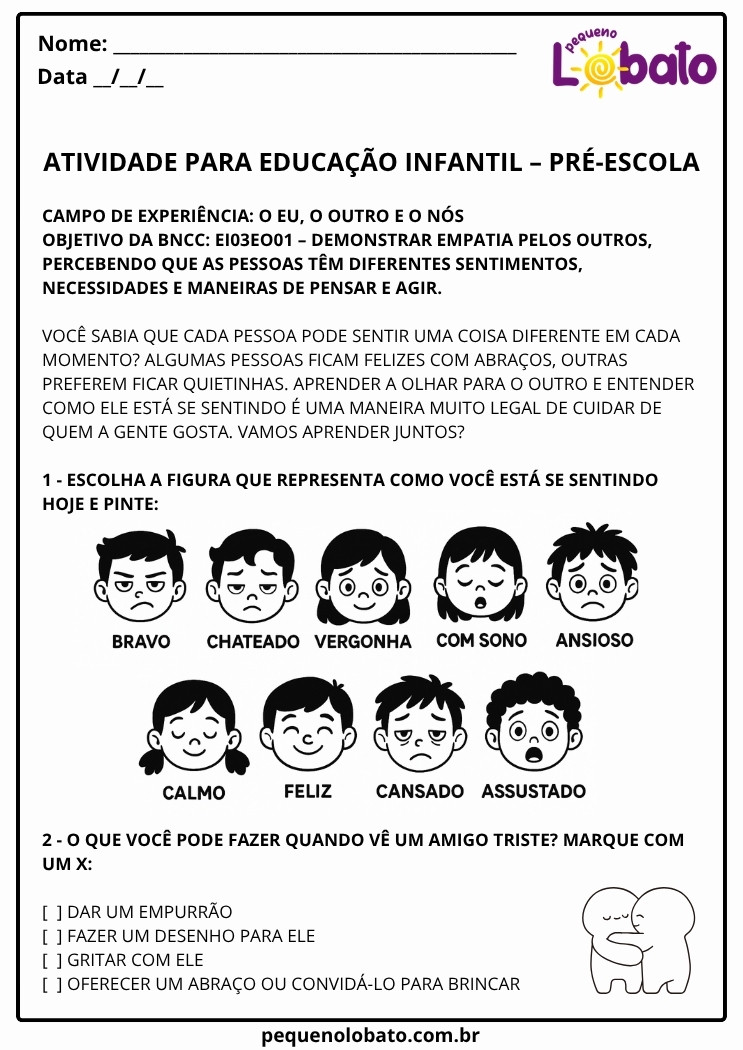 Atividade lúdica de educação infantil para trabalhar empatia e emoções com crianças pequenas da pré-escola
