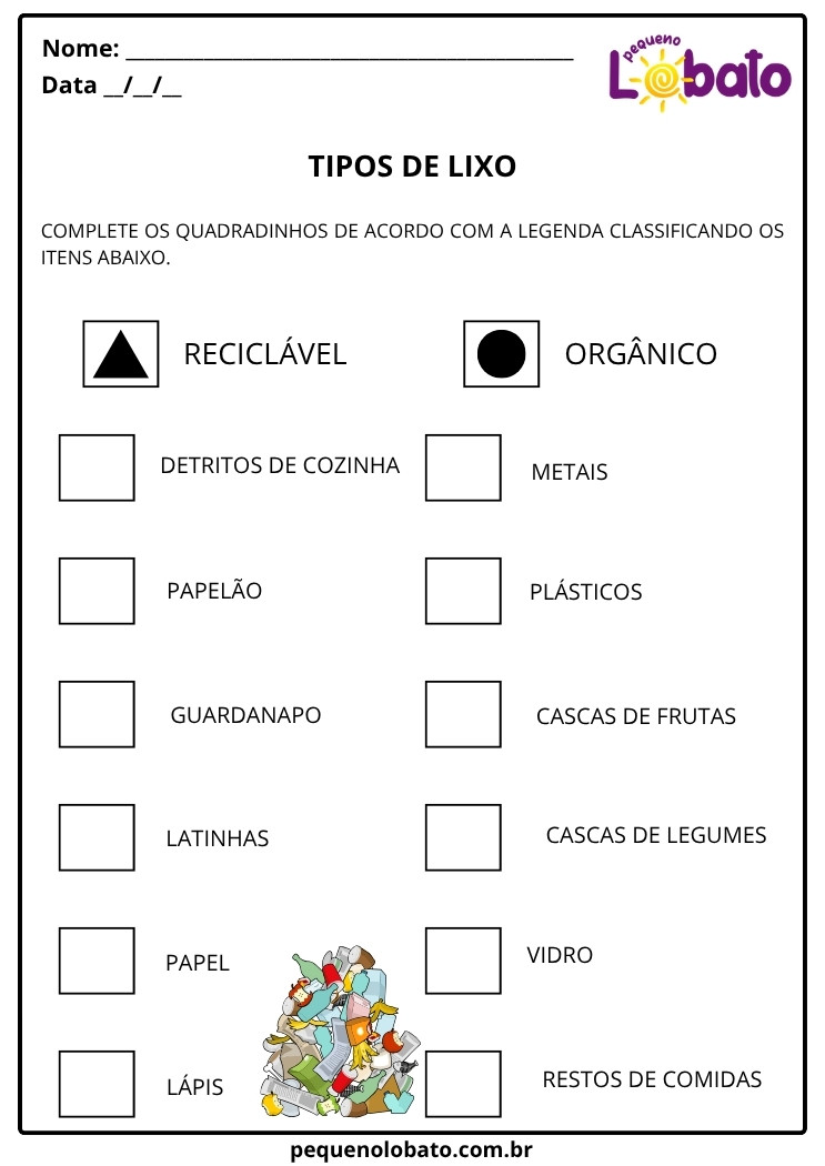 Atividade para marcar itens como recicláveis ou orgânicos com imagens de restos de comida, papelão, garrafas e cascas