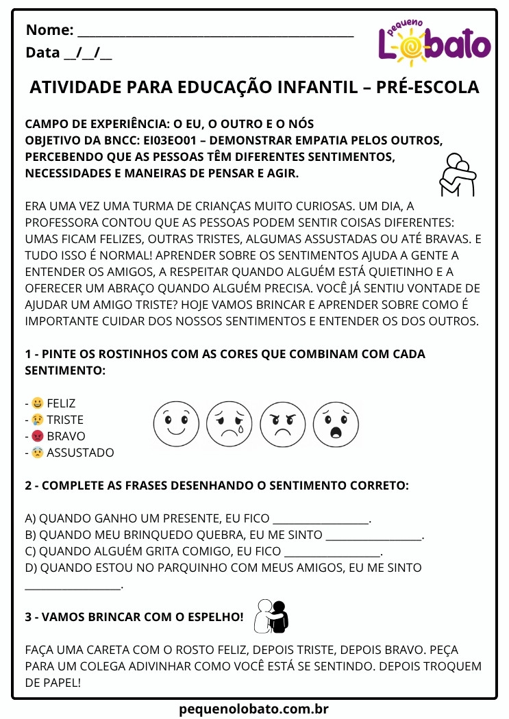 Atividade para trabalhar sentimentos com crianças da pré-escola na educação infantil
