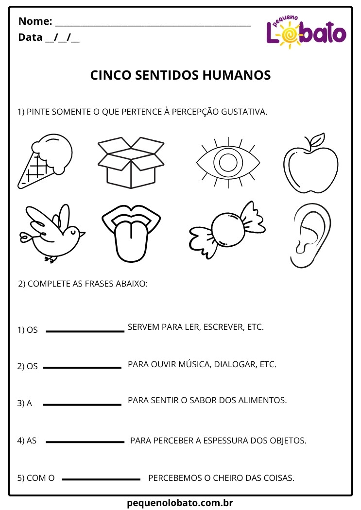 Atividades de Ciências 1º ano sobre cinco sentidos humanos para imprimir