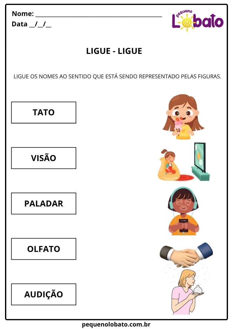 Atividades de Ciências 1º ano cinco sentidos ligar figuras
