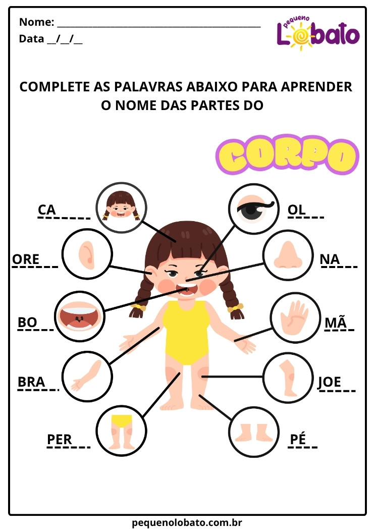 Atividades de Ciências 1º ano completar palavras com partes do corpo humano
