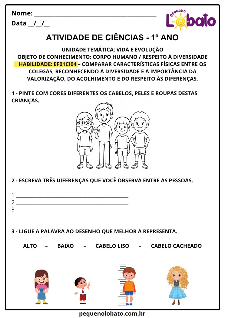 Atividades de Ciências 1º ano diversidade e características físicas das crianças