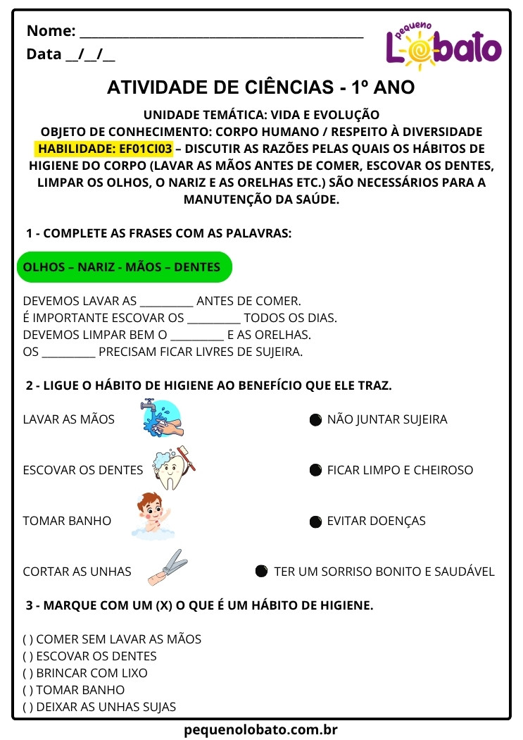 Atividades de Ciências 1º ano hábitos de higiene