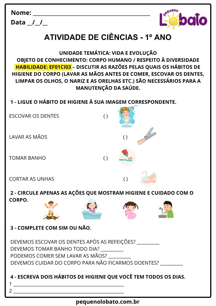 Atividades de Ciências 1º ano hábitos de higiene cuidados com o corpo humano