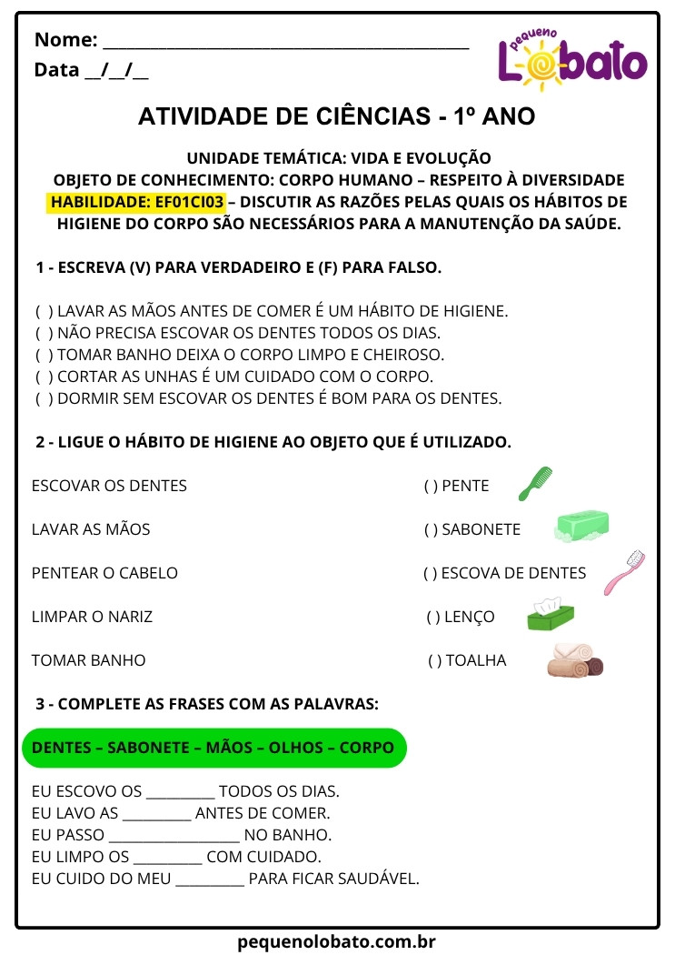 Atividades de Ciências 1º ano hábitos de higiene e cuidados com o corpo