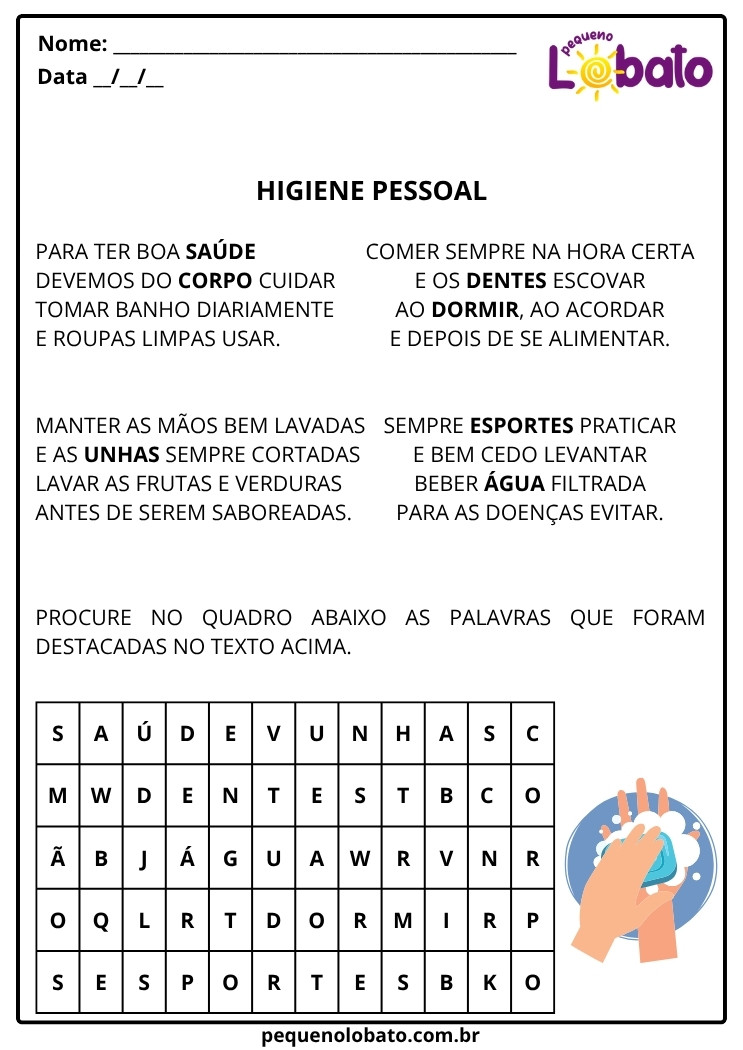 Atividades de Ciências 1º ano com caça palavras sobre higiene pessoal