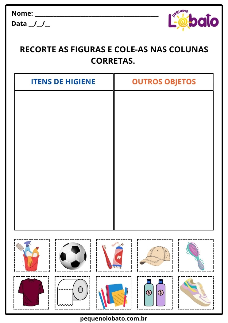 Atividades de Ciências 1º ano higiene recorte e cole objetos