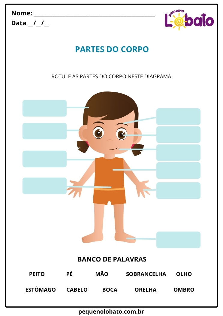 Atividades de Ciências 1º ano partes do corpo para completar com banco de palavras