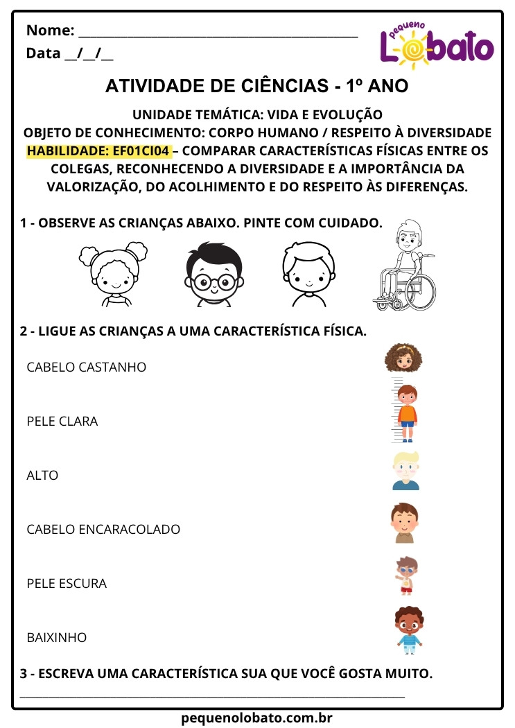 Atividades de Ciências 1º ano respeito à diversidade e características físicas