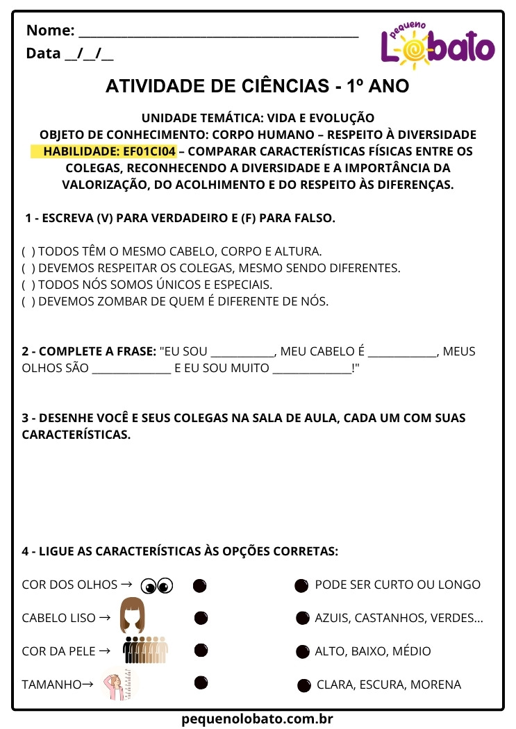 Atividades de Ciências 1º ano respeito às diferenças e diversidade