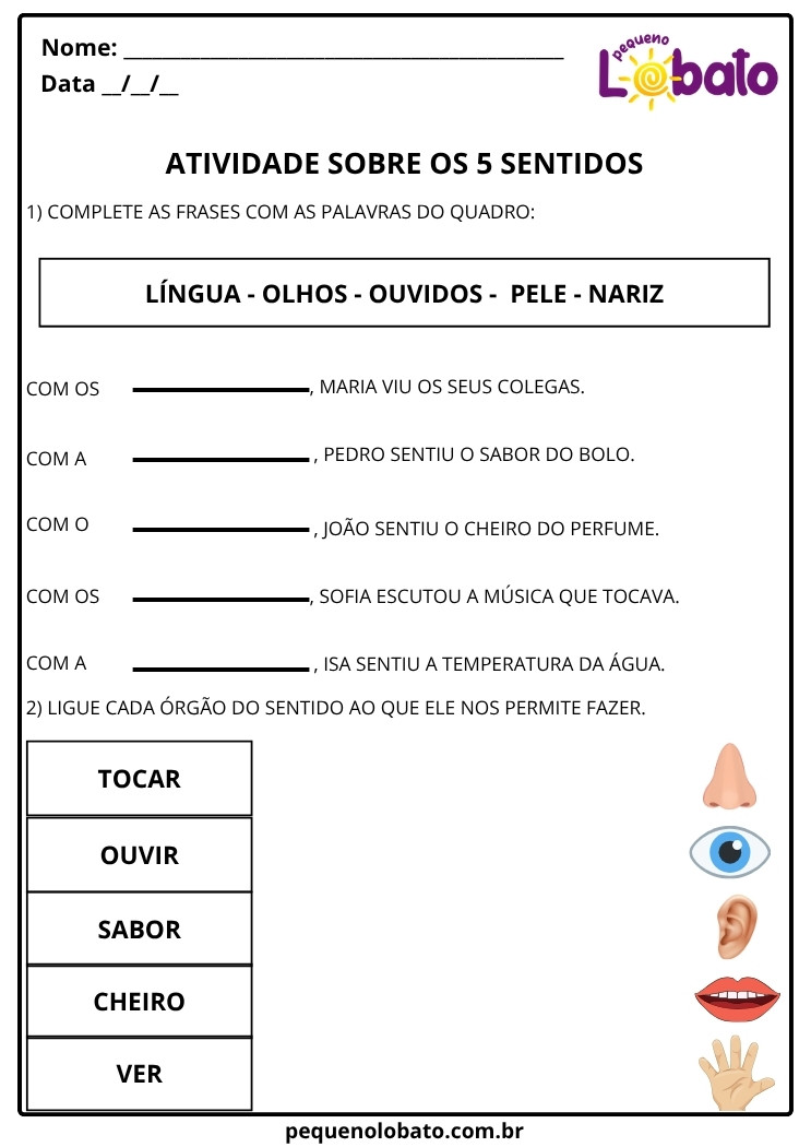 Atividades de Ciências 1º ano sobre os sentidos do corpo humano para completar e ligar
