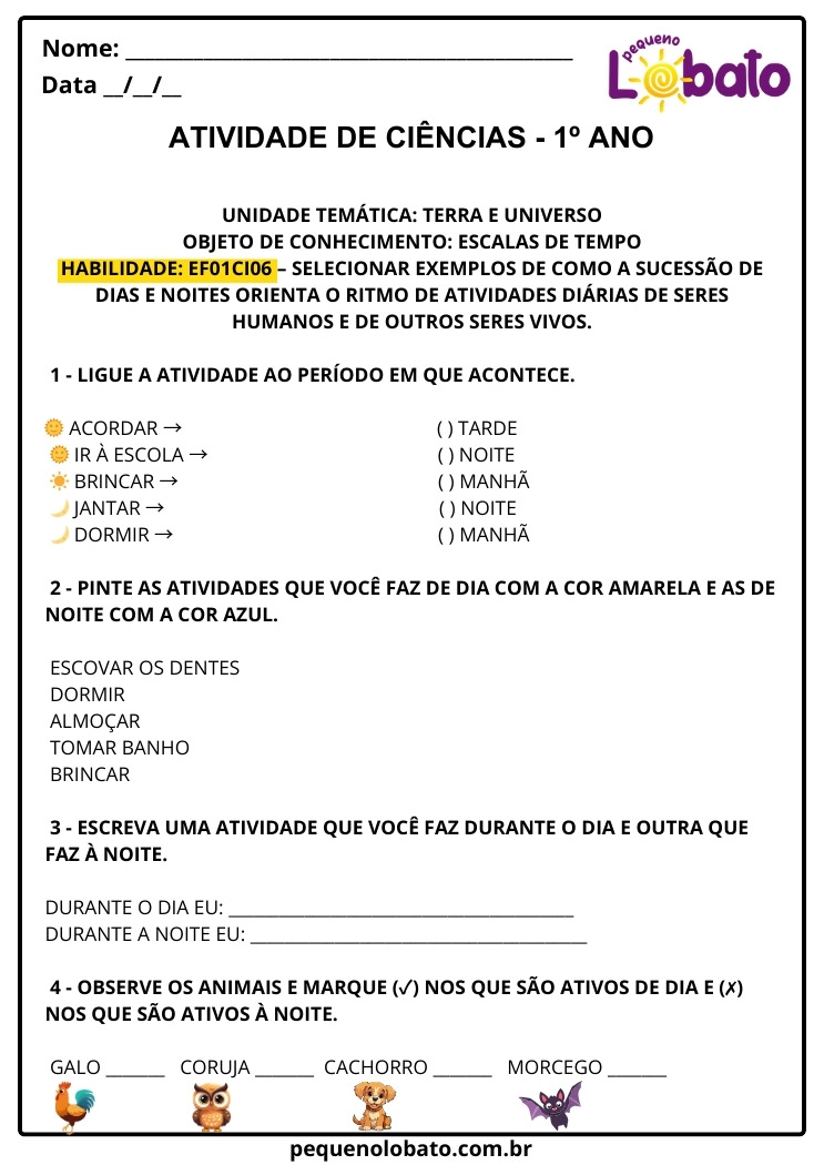 Atividade de Ciências 1º Ano Escalas de Tempo Dia e Noite com Animais e Rotina para Imprimir