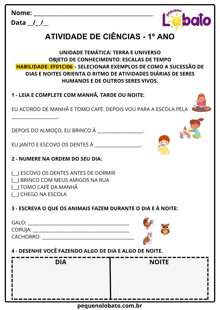 Atividade de Ciências 1º Ano sobre Escalas de Tempo Manhã, Tarde e Noite nas Rotinas Diárias para Imprimir
