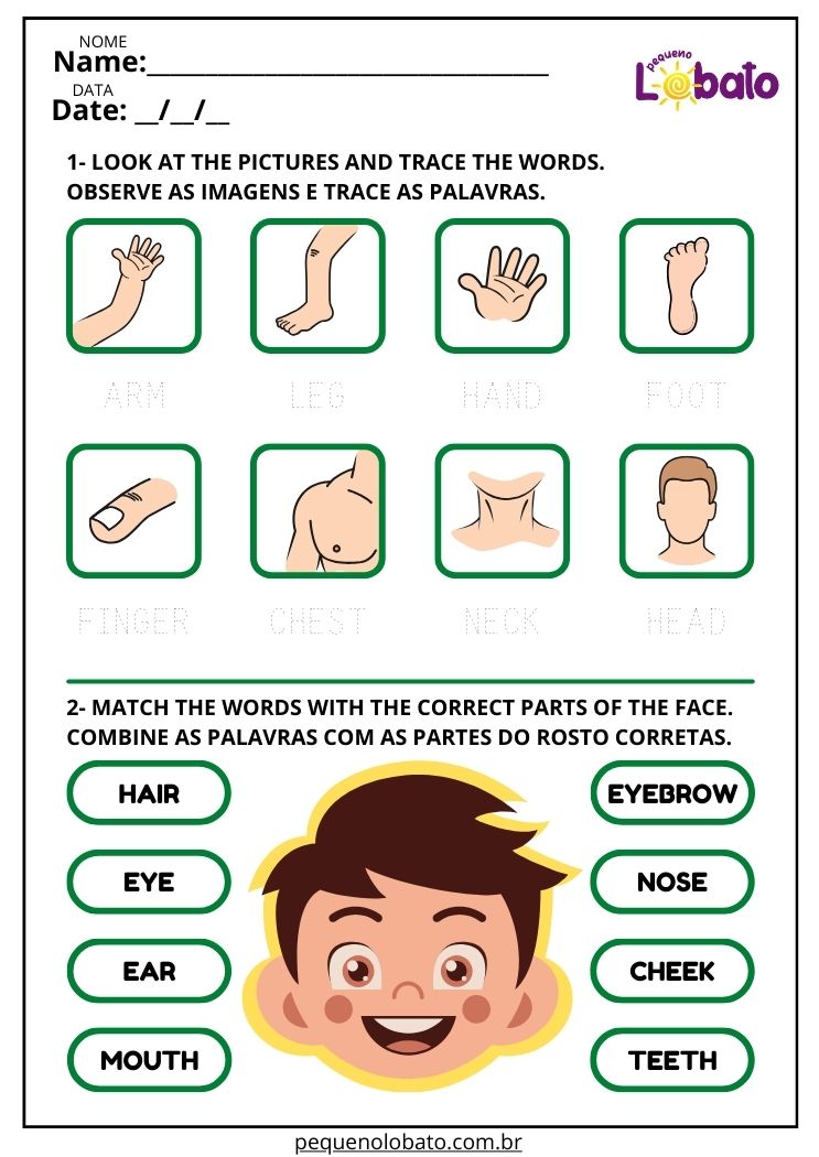 Atividade de Inglês sobre as partes de corpo humano