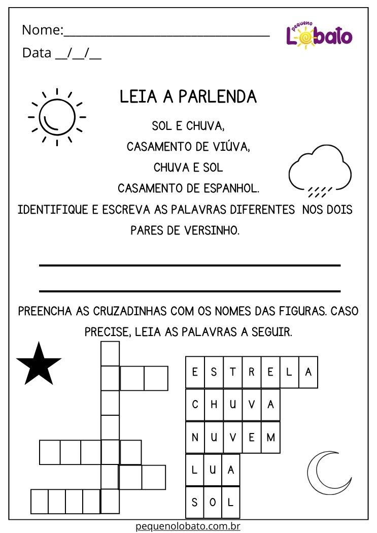 Atividade de Português com parlenda e cruzadinha