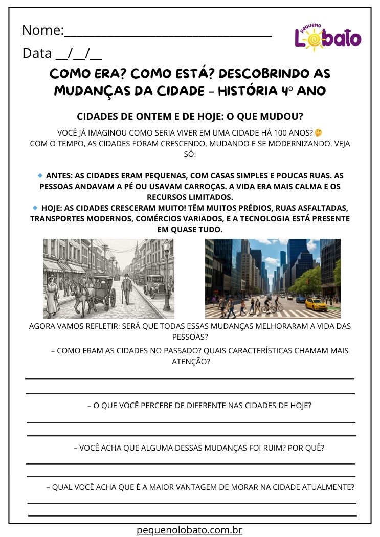 Atividade de história sobre as mudanças na cidade