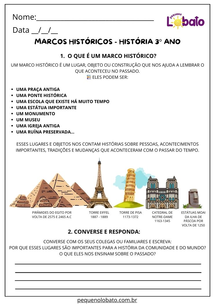 Atividade de história sobre os marcos históricos