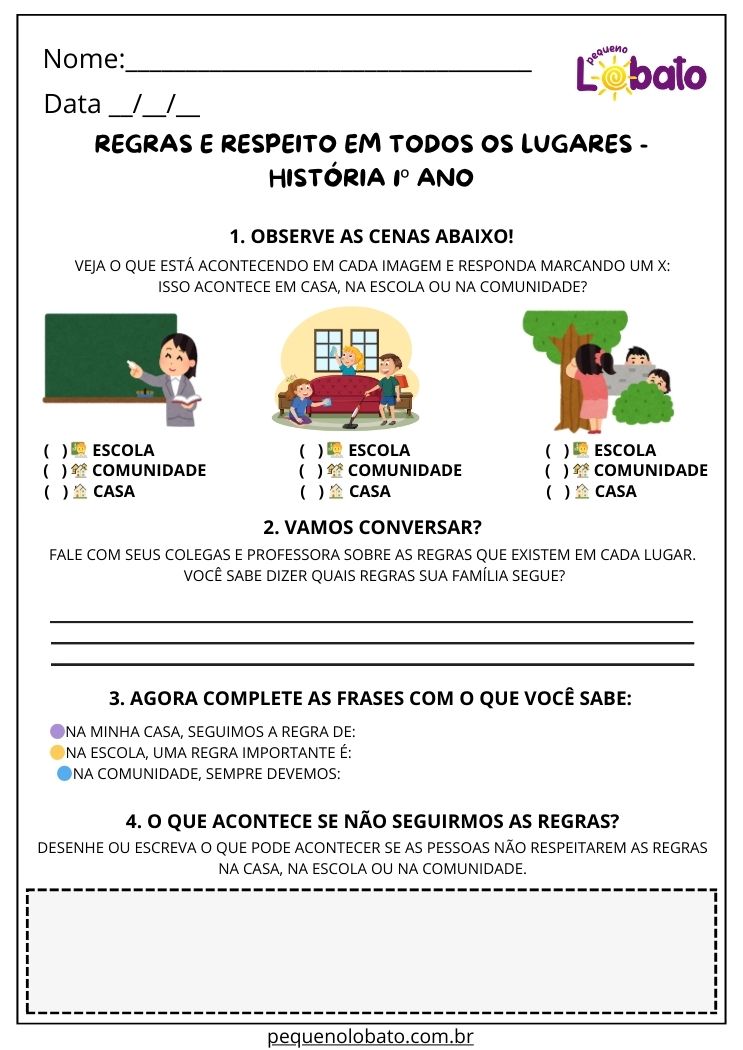 Atividade de história sobre regras e respeito na comunidade, casa e escola