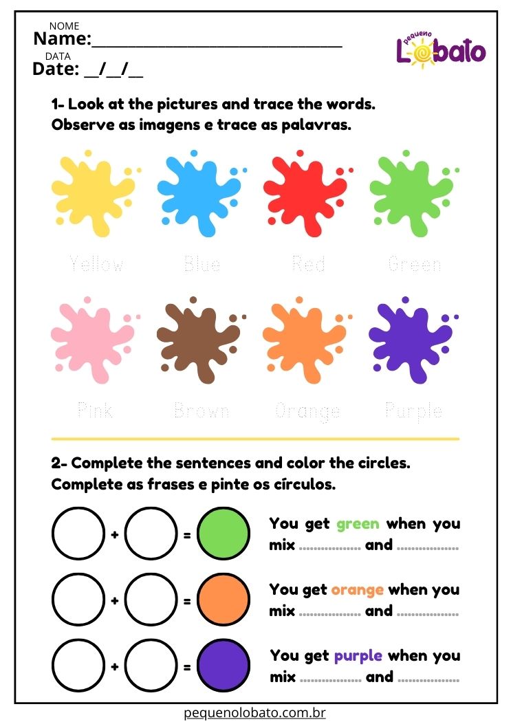 Atividade de inglês para crianças sobre as cores