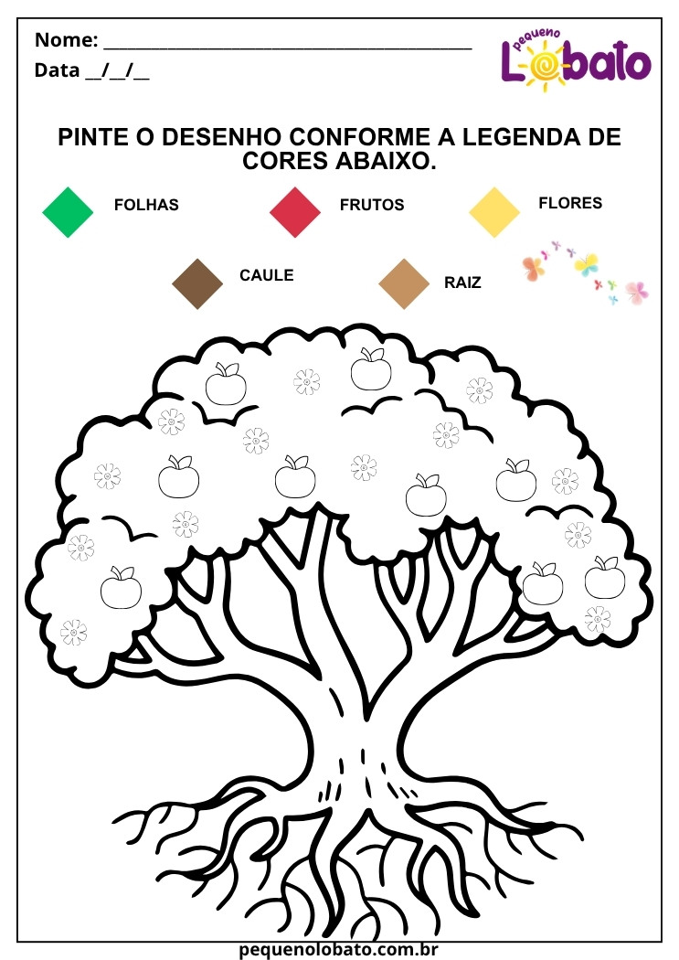 Atividade Lúdica de Ciências 2º Ano com Pintura Legendada da Árvore Conforme as Cores das Partes das Plantas