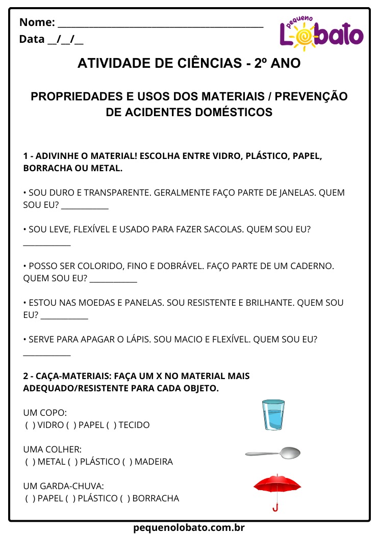 Atividade de Ciências 2º Ano Adivinhe o Material