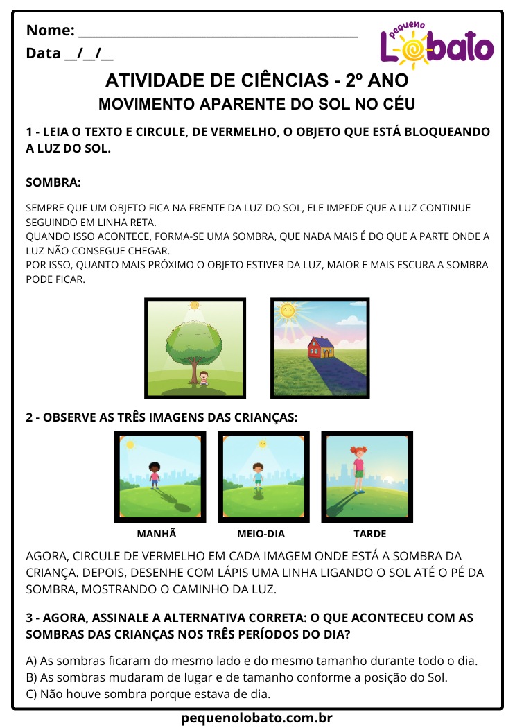 Atividade de Ciências 2º Ano Movimento Aparente do Sol no Céu com Sombras para Imprimir EF02CI07