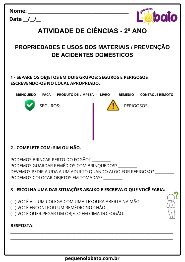 Atividade de Ciências 2º Ano sobre Materiais Seguros e Perigosos e Prevenção de Acidentes Domésticos