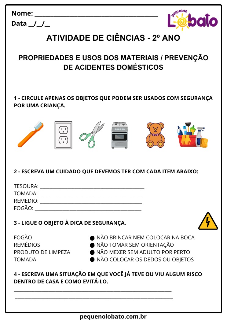 Atividade de Ciências 2º Ano sobre Prevenção de Acidentes Domésticos e Materiais Seguros e Perigosos