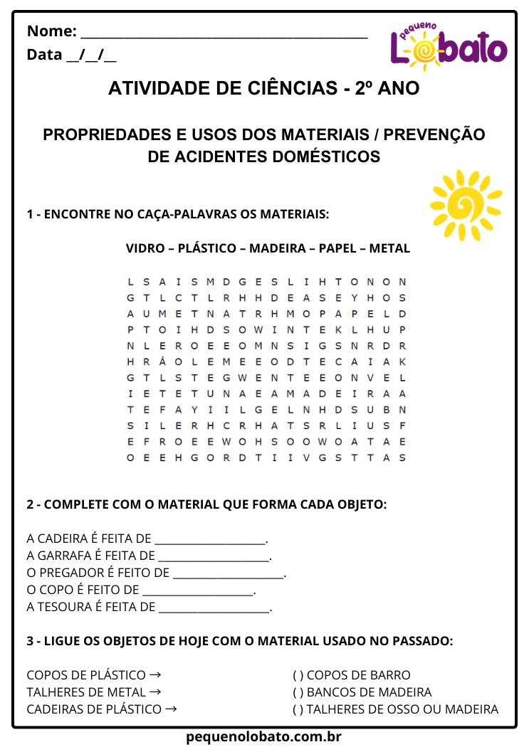 Atividade de Ciências 2º Ano sobre Propriedades e Usos dos Materiais com Caça-palavras para Imprimir