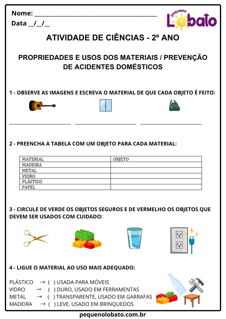 Atividade de Ciências 2º Ano sobre Propriedades e Usos dos Materiais para Evitar Acidentes Domésticos