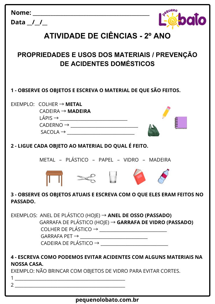 Atividade de Ciências 2º Ano sobre Propriedades e Usos dos Materiais