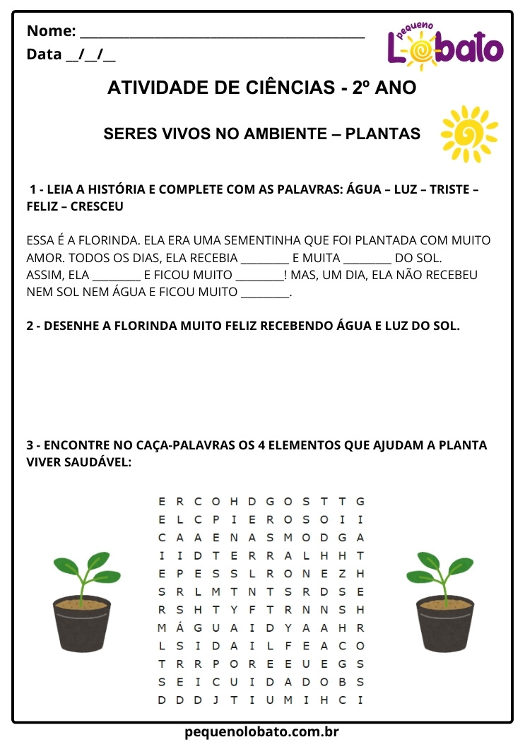 Atividade de Ciências 2º Ano sobre Seres Vivos no Ambiente e Plantas com Caça-palavras, Desenho e Complete a História