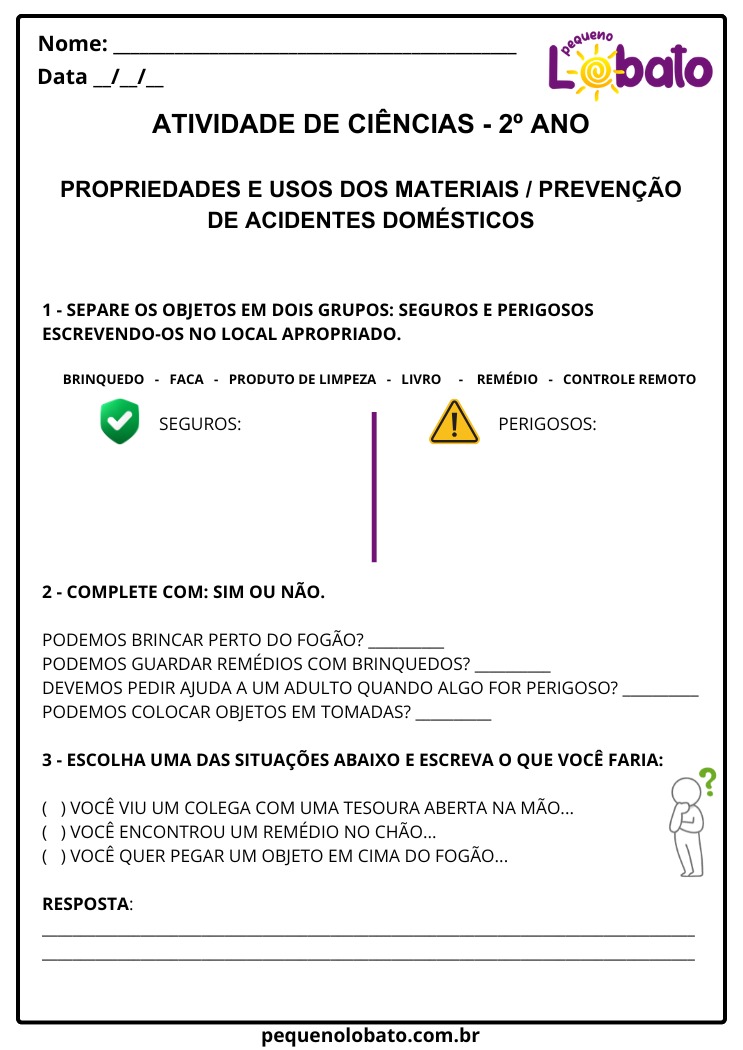 Atividade de Ciências 2º Ano sobre Uso dos Materiais e Prevenção de Acidentes Domésticos para Imprimir