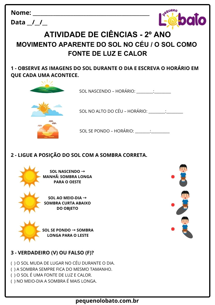 Atividade de Ciências 2º Ano sobre o Movimento Aparente do Sol no Céu e suas Sombras