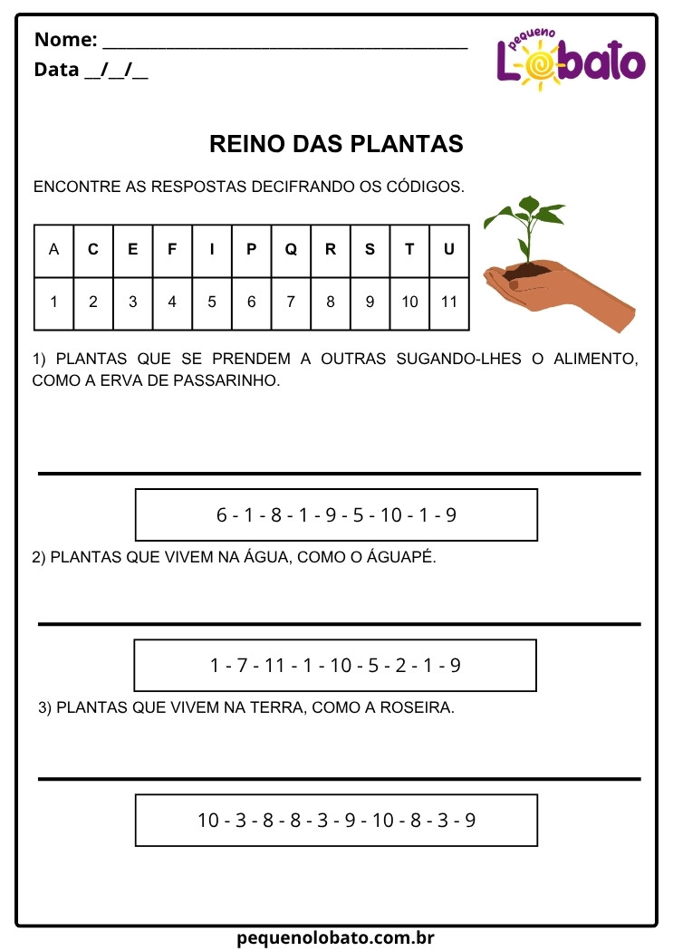 Atividade de Ciências 2º Ano sobre o Reino das Plantas para Encontrar a Resposta Decifrando Códigos para Imprimir