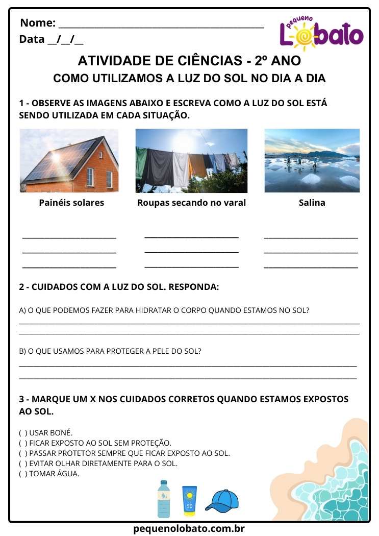 Atividade sobre o Sol e sua Utilização em Painéis Solares, Cuidados com a Luz do Sol para Imprimir