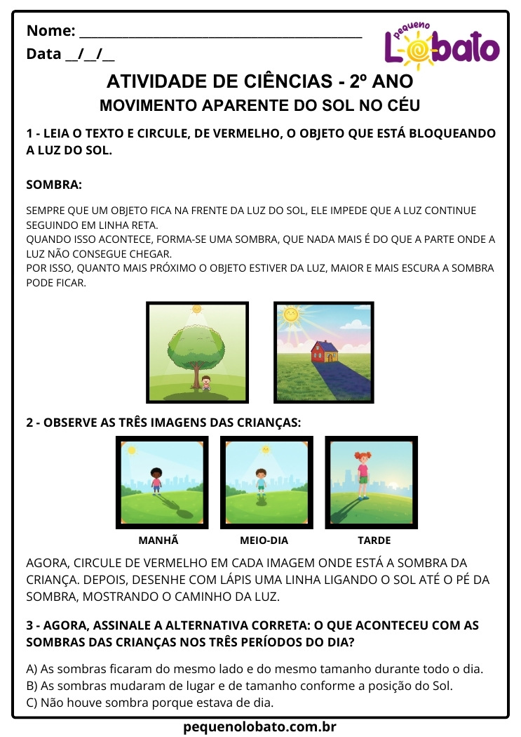 Atividades de Ciências 2º Ano Movimento Aparente do Sol no Céu para Imprimir
