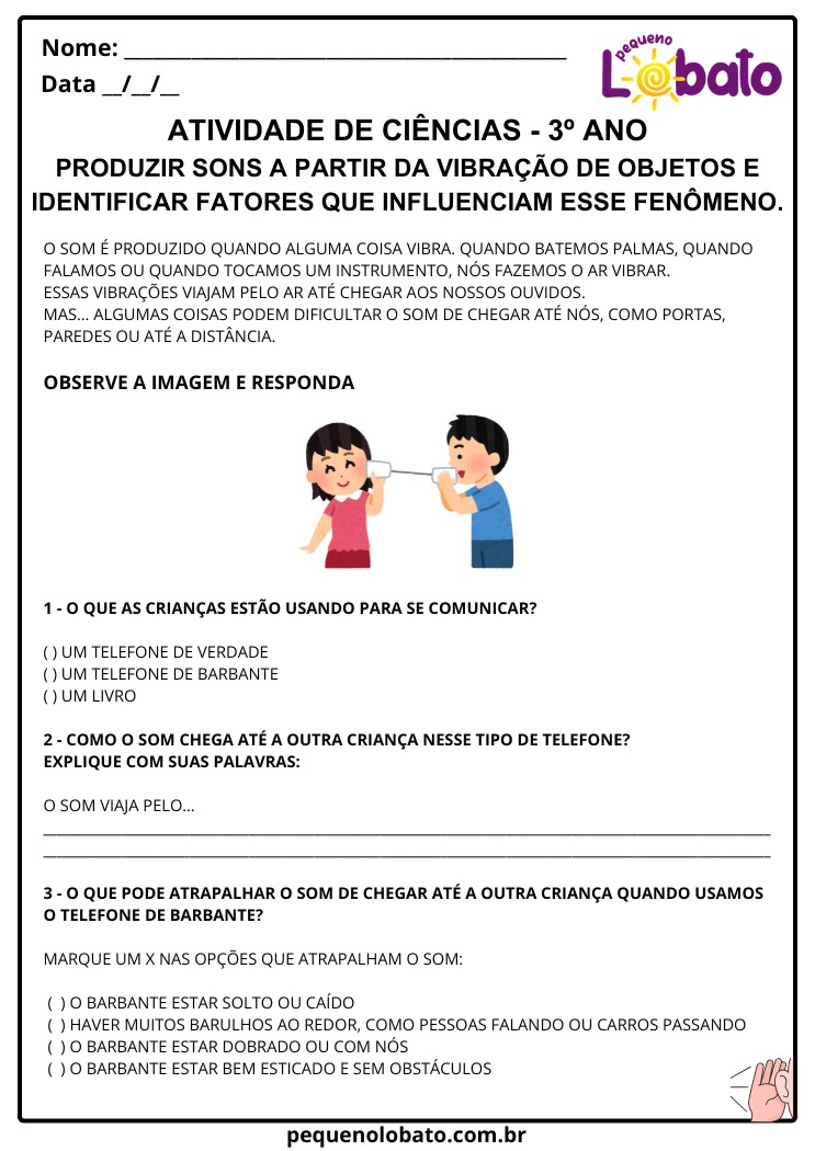 Atividade de Ciências 3º Ano Fundamental sobre Produção de Som para Imprimir